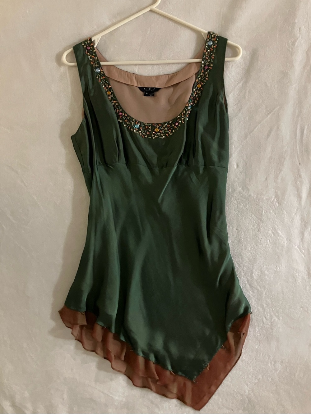 Vintage ECI New York Silk Green Beaded Asymmetrical Y2K Collection Piece